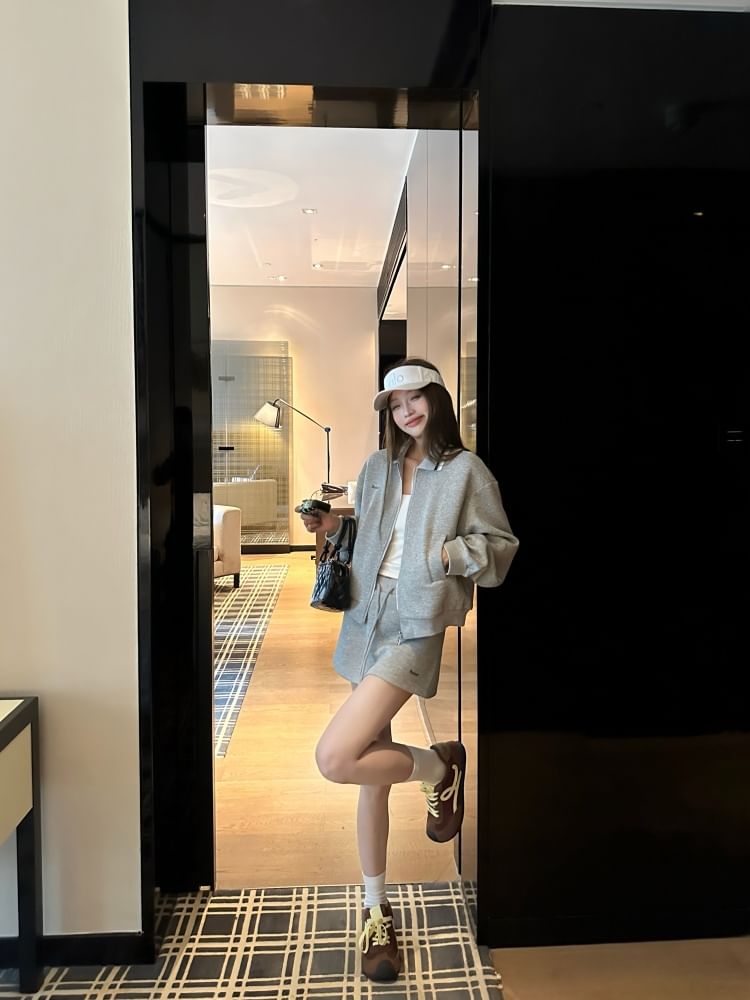 Contrast Trim Zip Jacket with A-Line Mini Skirt