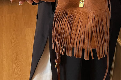 Pouch Suede Bag Crossbody Fringe Plain Faux With