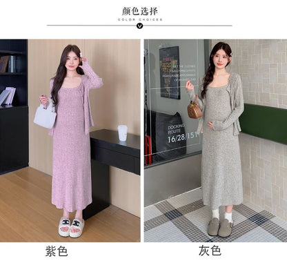 Maternity Set: Spaghetti Strap Melange Ribbed Midi Straight Dress + Round Neck Cardigan