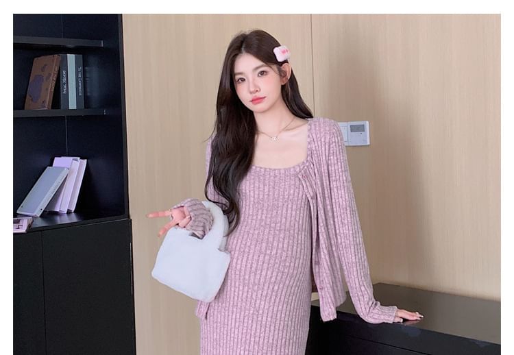 Maternity Set: Spaghetti Strap Melange Ribbed Midi Straight Dress + Round Neck Cardigan