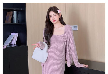 Maternity Set: Spaghetti Strap Melange Ribbed Midi Straight Dress + Round Neck Cardigan