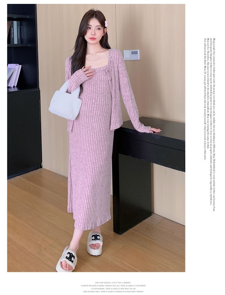 Maternity Set: Spaghetti Strap Melange Ribbed Midi Straight Dress + Round Neck Cardigan