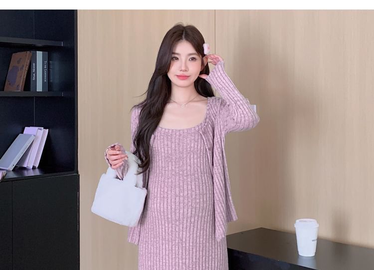 Maternity Set: Spaghetti Strap Melange Ribbed Midi Straight Dress + Round Neck Cardigan