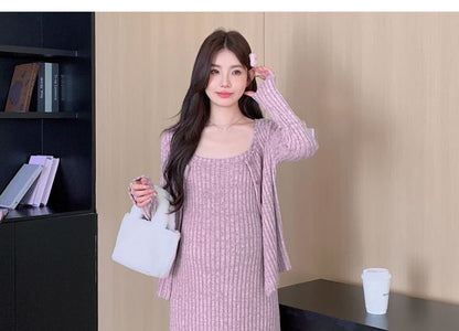 Maternity Set: Spaghetti Strap Melange Ribbed Midi Straight Dress + Round Neck Cardigan