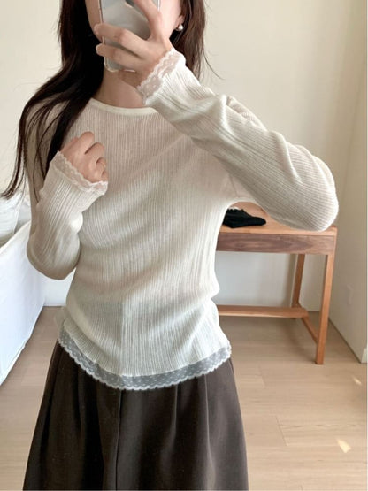 Crew Neck Knit Top with Lace Trim and Long Sleeves