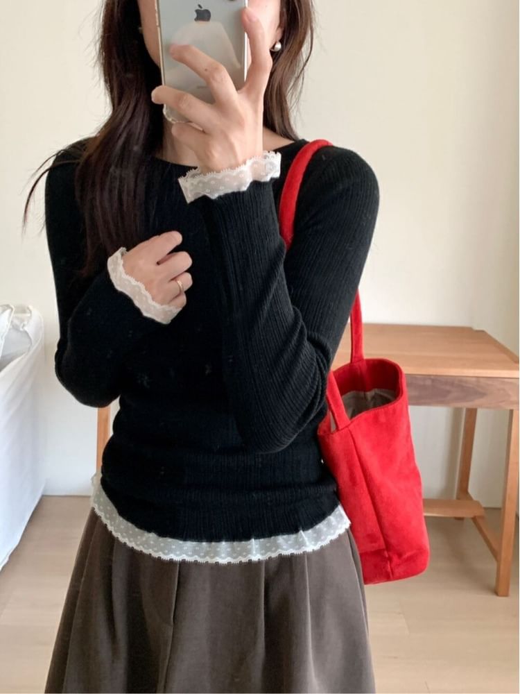 Crew Neck Knit Top with Lace Trim and Long Sleeves
