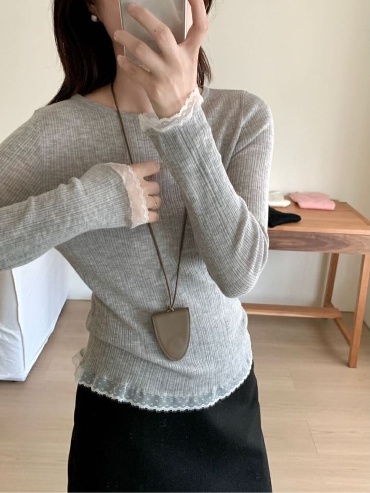 Crew Neck Knit Top with Lace Trim and Long Sleeves