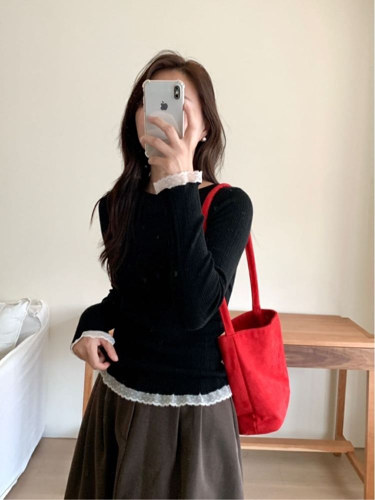 Crew Neck Knit Top with Lace Trim and Long Sleeves