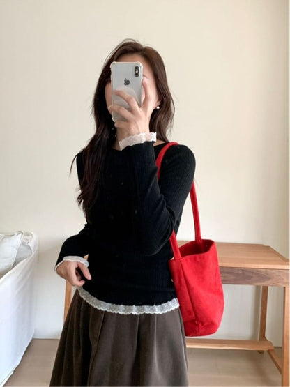 Crew Neck Knit Top with Lace Trim and Long Sleeves