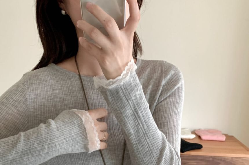 Crew Neck Knit Top with Lace Trim and Long Sleeves