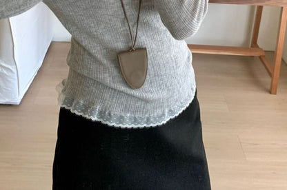 Crew Neck Knit Top with Lace Trim and Long Sleeves