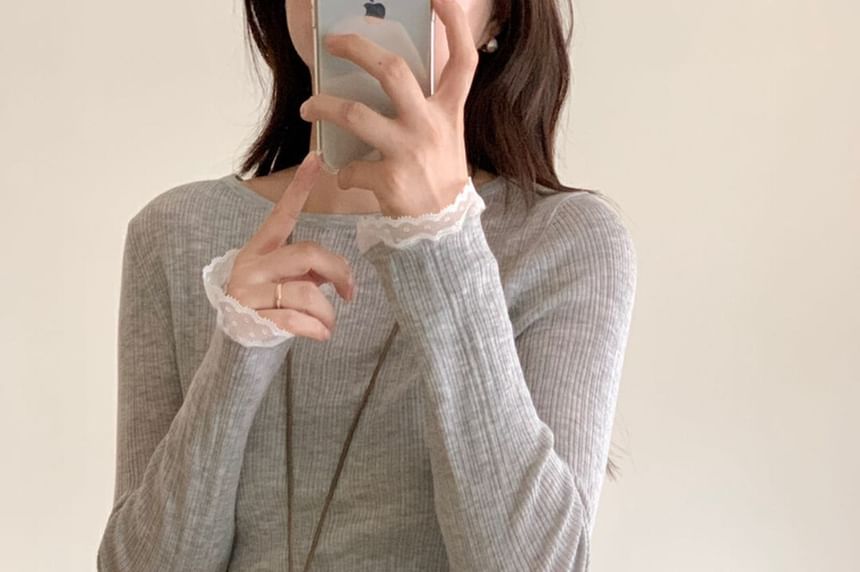 Crew Neck Knit Top with Lace Trim and Long Sleeves