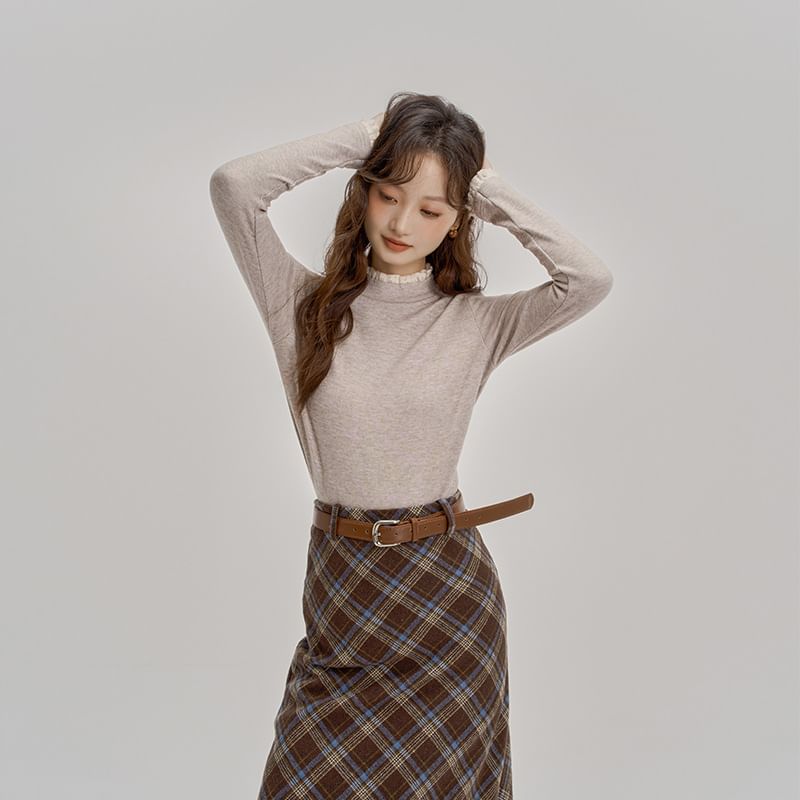 Slim-Fit Long-Sleeved Solid Top with Ruffled Trim