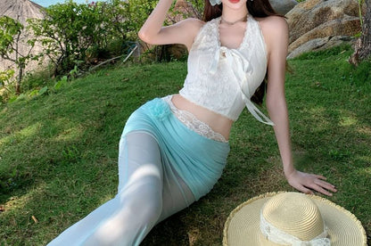 Sleeveless Lace Crop Top and Gradient Fishtail Skirt