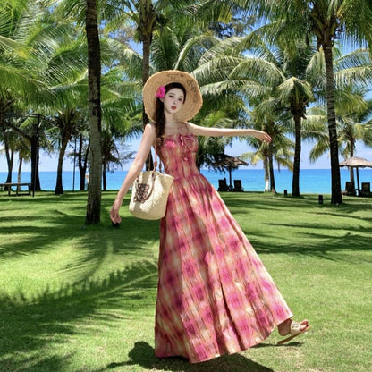 Spaghetti Strap Plaid Maxi A-Line Dress