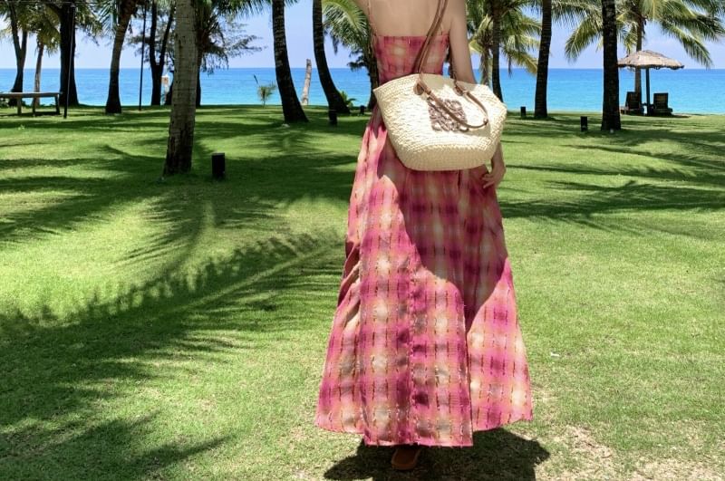 Spaghetti Strap Plaid Maxi A-Line Dress