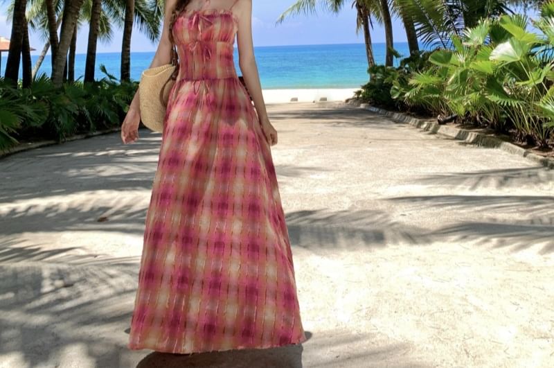 Spaghetti Strap Plaid Maxi A-Line Dress