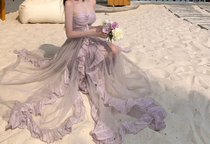 Spaghetti Strap Cutout Ruffle Mesh Maxi A-Line Dress