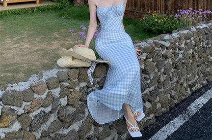 Spaghetti Strap Square Neck Plaid Maxi Bodycon Dress