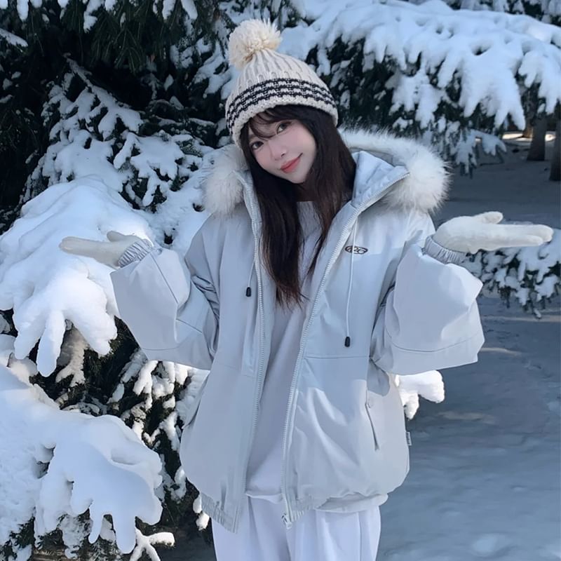 Furry Trim Hooded Padded Zip-Up Jacket