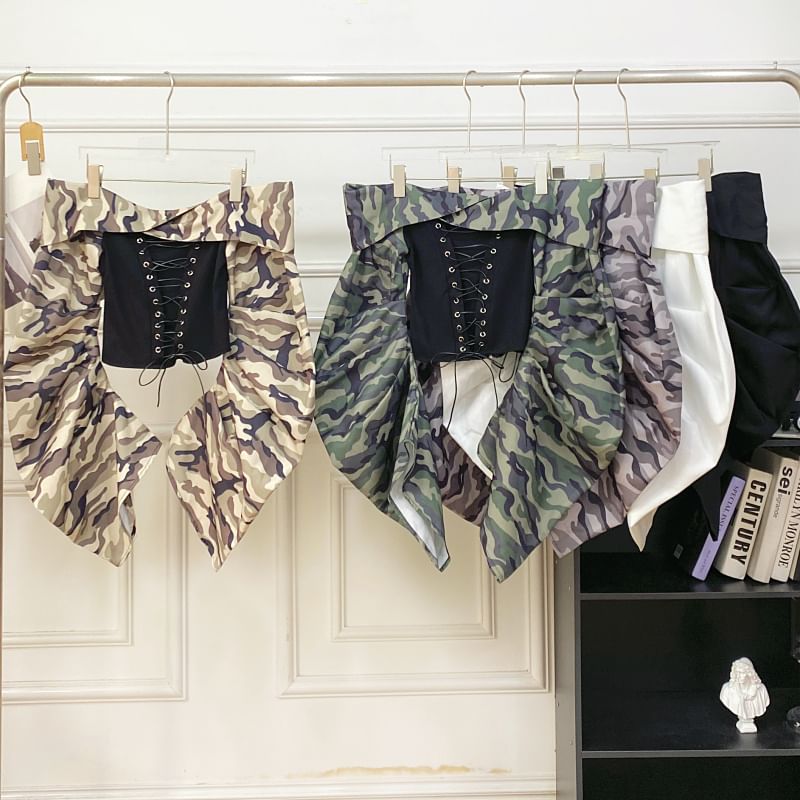 Off-Shoulder Camo Print Lace-Up Top with Long Sleeves