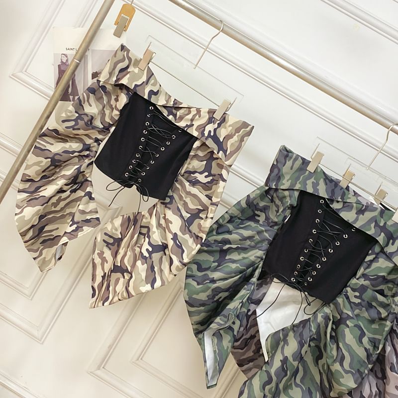 Off-Shoulder Camo Print Lace-Up Top with Long Sleeves