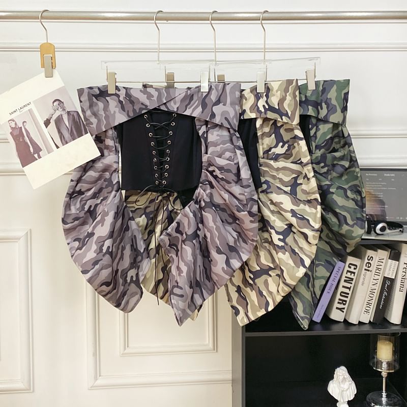 Off-Shoulder Camo Print Lace-Up Top with Long Sleeves