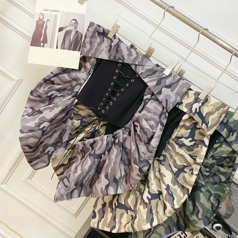 Off-Shoulder Camo Print Lace-Up Top with Long Sleeves