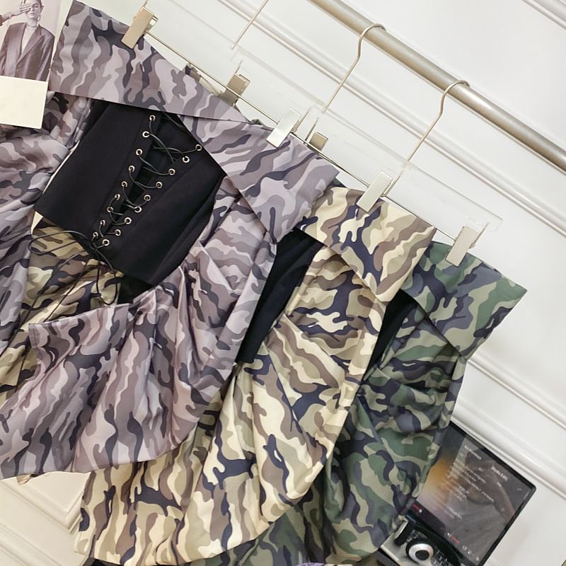 Off-Shoulder Camo Print Lace-Up Top with Long Sleeves