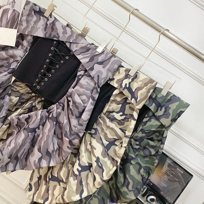 Off-Shoulder Camo Print Lace-Up Top with Long Sleeves