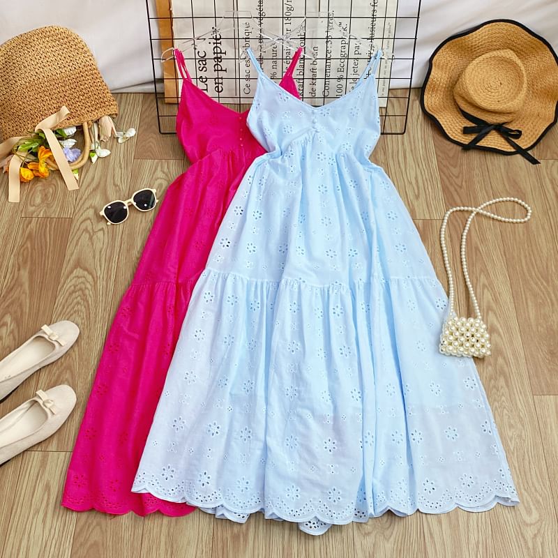 Spaghetti Strap Midi A-Line Eyelet Lace Dress