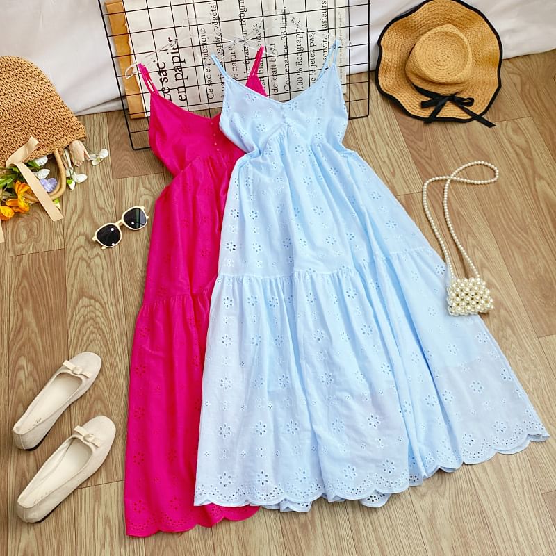 Spaghetti Strap Midi A-Line Eyelet Lace Dress