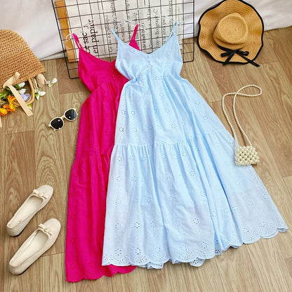 Spaghetti Strap Midi A-Line Eyelet Lace Dress