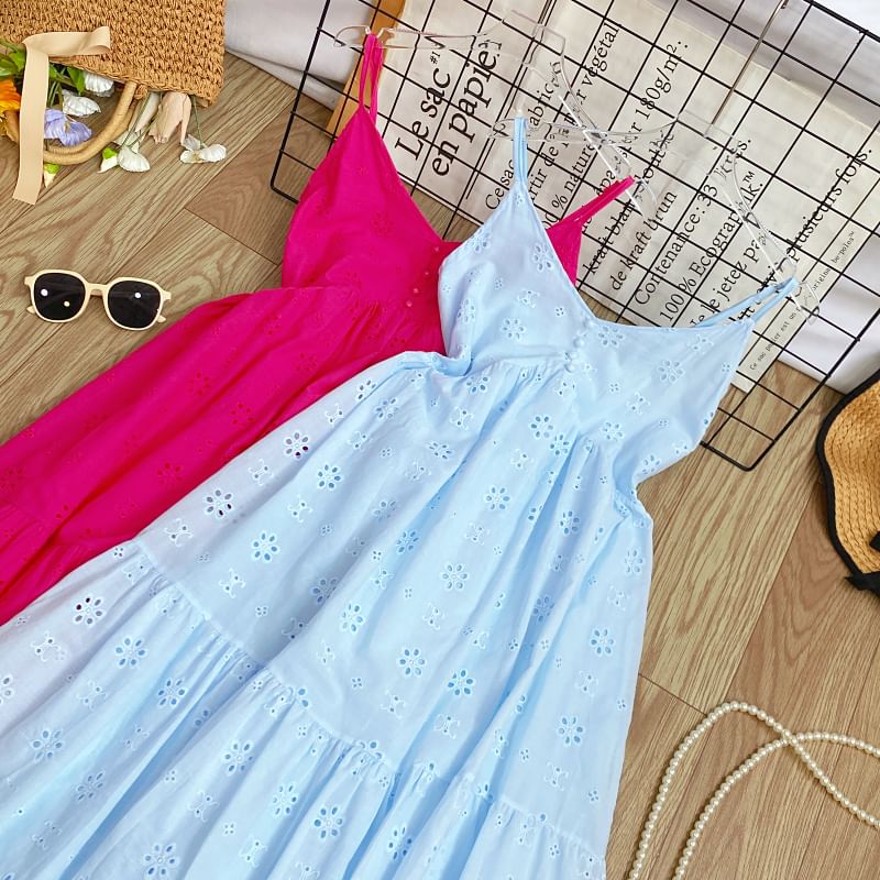 Spaghetti Strap Midi A-Line Eyelet Lace Dress