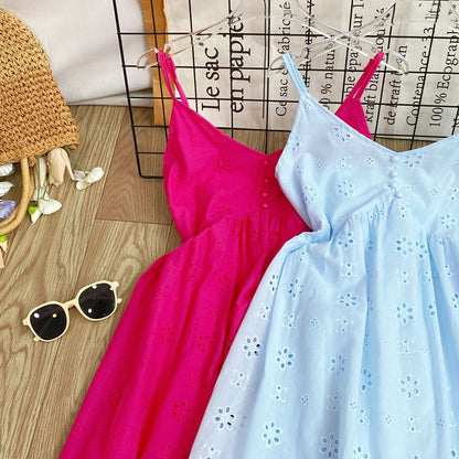 Spaghetti Strap Midi A-Line Eyelet Lace Dress