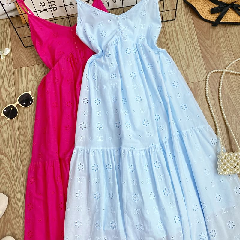 Spaghetti Strap Midi A-Line Eyelet Lace Dress