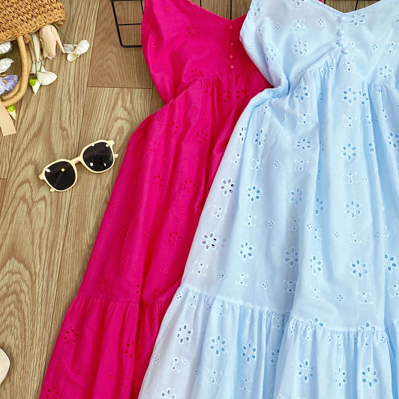Spaghetti Strap Midi A-Line Eyelet Lace Dress