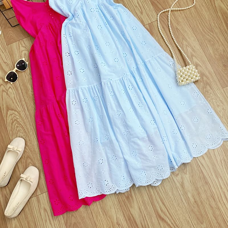 Spaghetti Strap Midi A-Line Eyelet Lace Dress