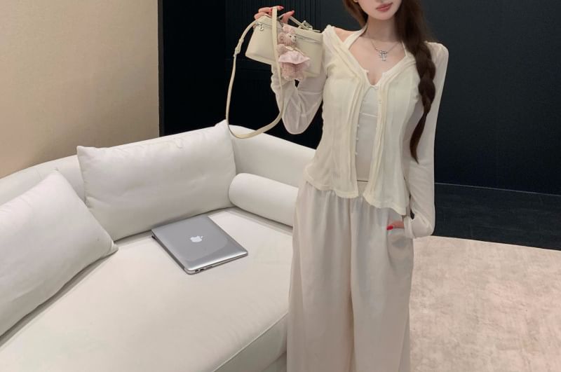 Camisole Halter Top and V-Neck Cardigan Set