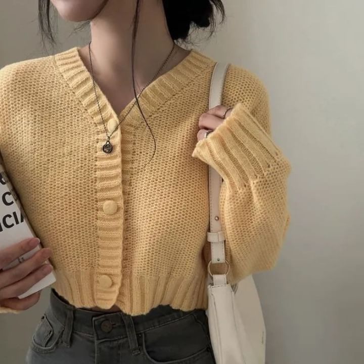 V-Neck Solid Cropped Cardigan