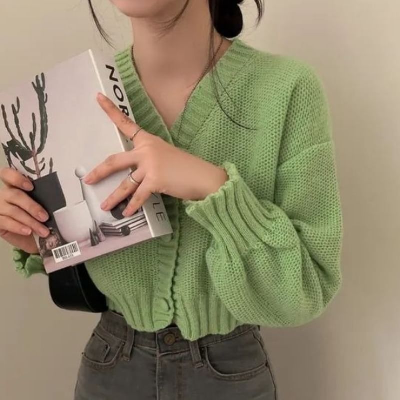 V-Neck Solid Cropped Cardigan