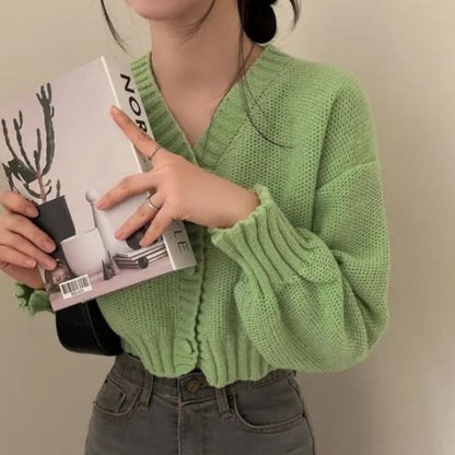 V-Neck Solid Cropped Cardigan