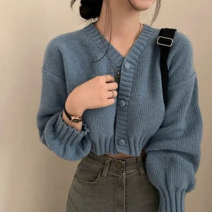 V-Neck Solid Cropped Cardigan