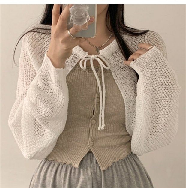 Cropped Lace-Up Solid Cardigan