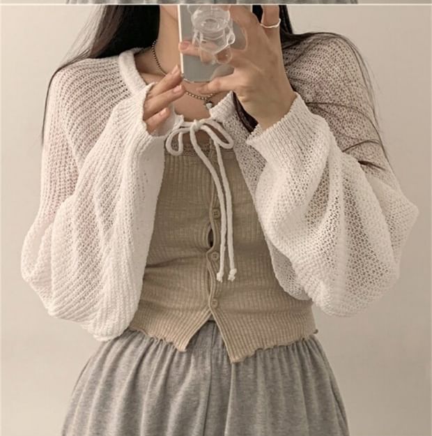 Cropped Lace-Up Solid Cardigan