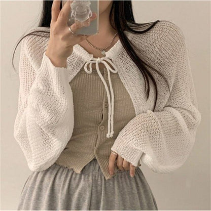 Cropped Lace-Up Solid Cardigan