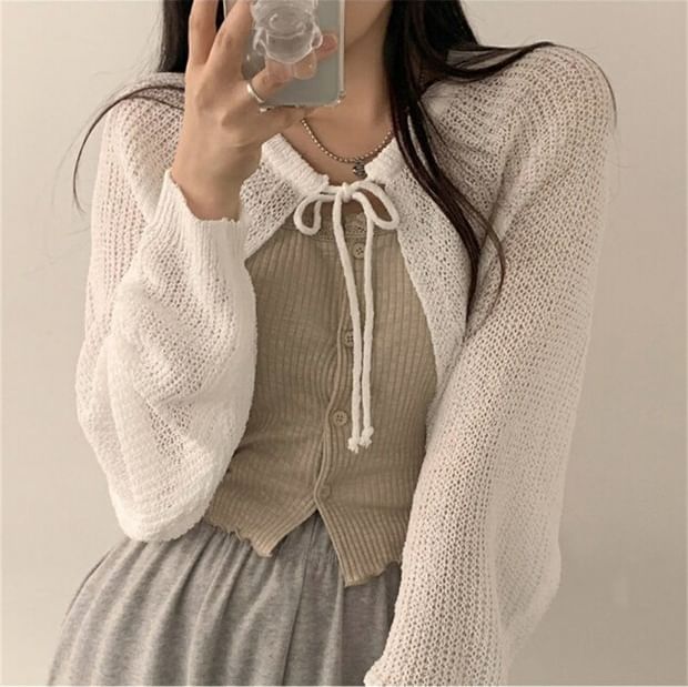 Cropped Lace-Up Solid Cardigan