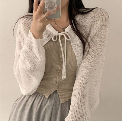 Cropped Lace-Up Solid Cardigan