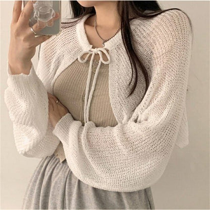 Cropped Lace-Up Solid Cardigan