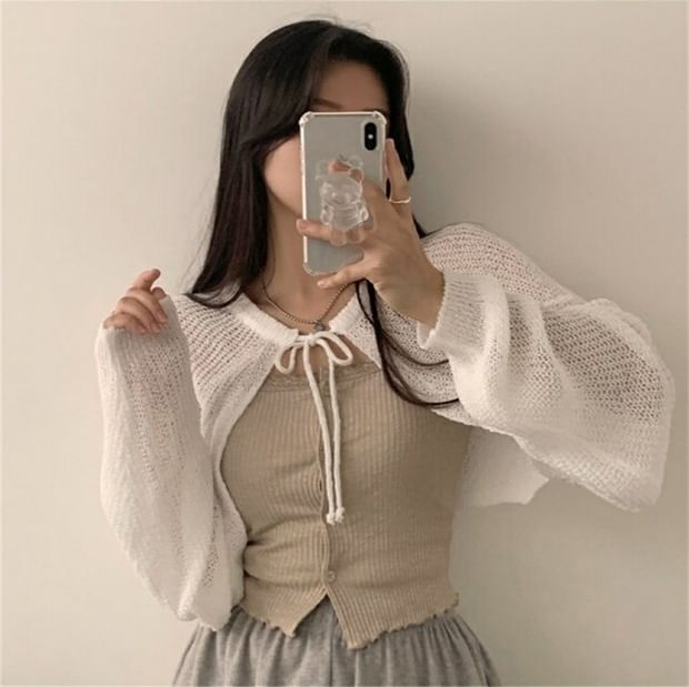 Cropped Lace-Up Solid Cardigan